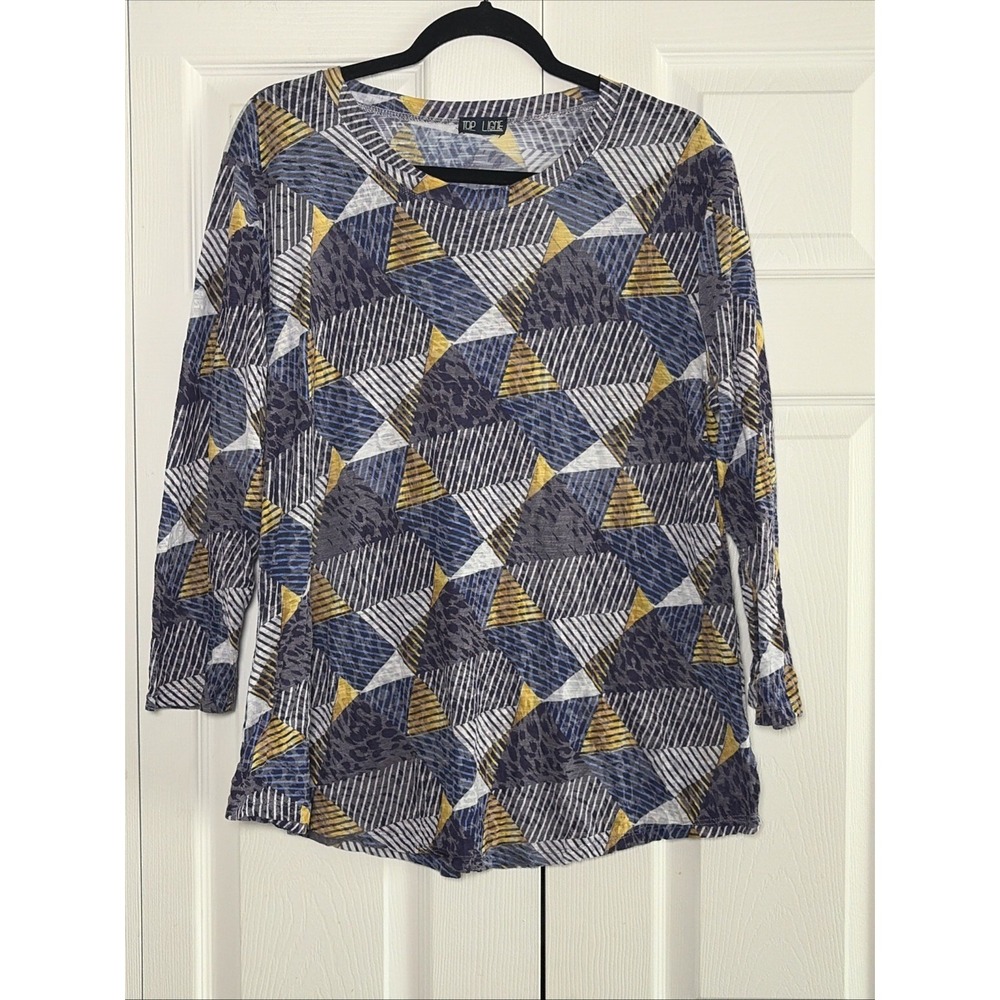 Top Ligne Geometric Abstract Top Womens Size L Blue Gold Patchwork Knit Shirt